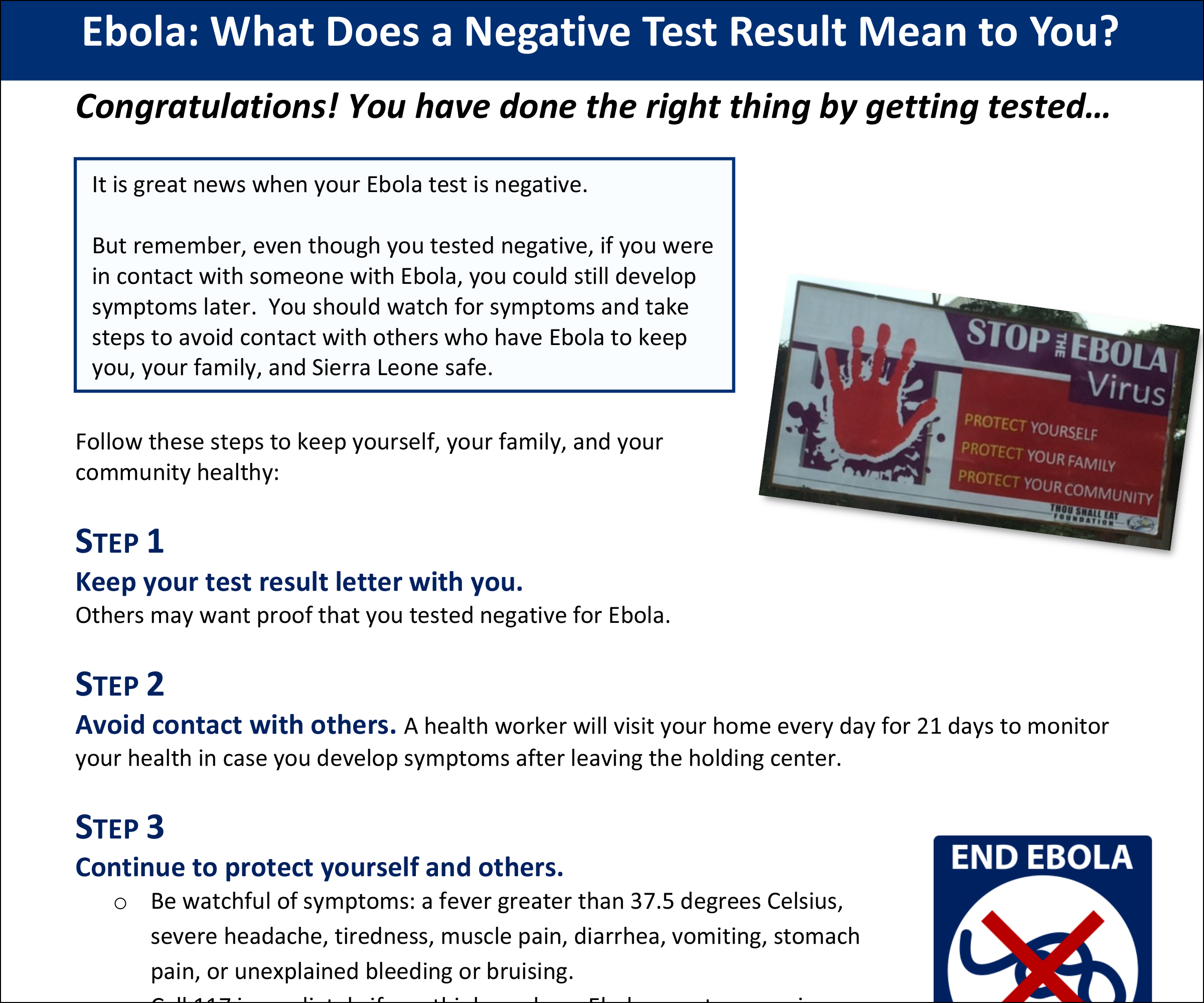 Fiche d'information sur le dépistage du virus Ebola négatif