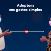 Two people wearing masks and standing one meter apart. The text reads: "Adoptons ces gestes simples"