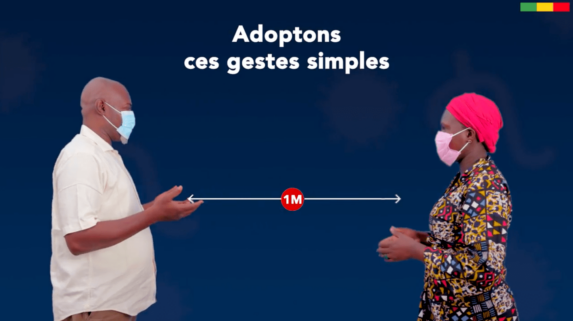 Two people wearing masks and standing one meter apart. The text reads: "Adoptons ces gestes simples"